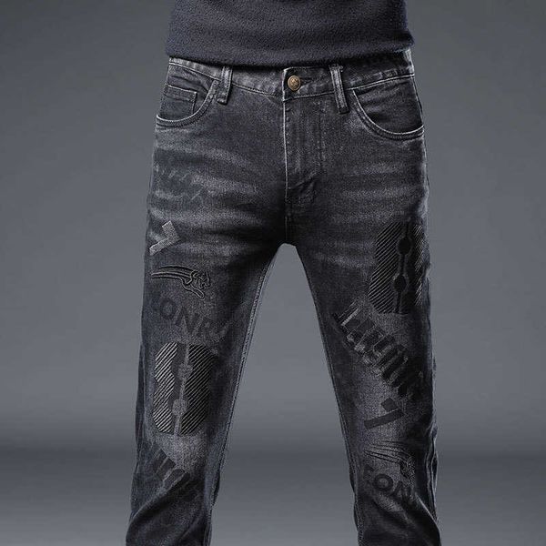 

brand fashion embroidered jeans men's autumn black trousers temperament slim small feet show thin korean fashion pants, Blue