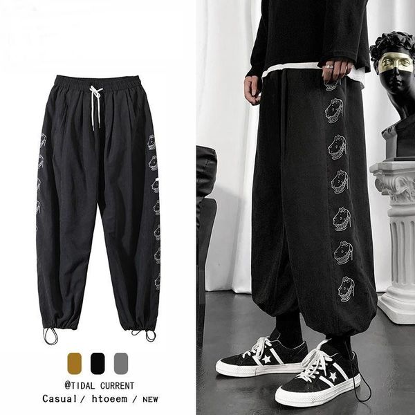 

men's pants large legged straight leg fashion cartoon printed loose casual, Black