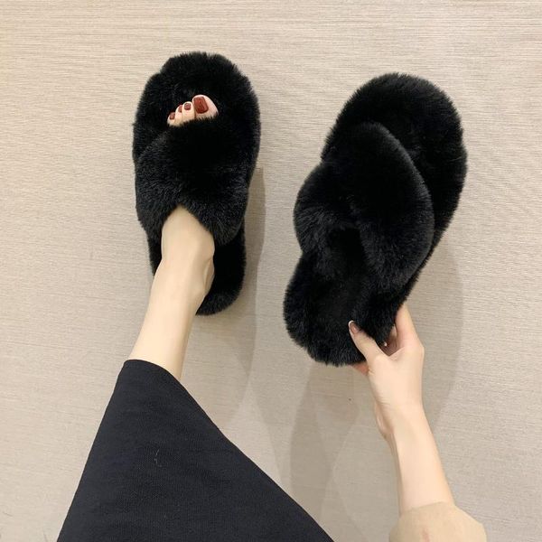 

women winter house slippers cute plush high heels fluffy warm shoes thick sole ladies girls indoor outdoor bedroom fur slides, Black