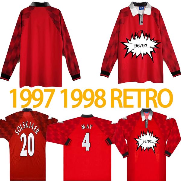 

1997 1998 full home shirt may #4 solskjaer #20 retro soccer jerseys beckham giggs cantona keane 97 98 long sleeve classic football shirt, Black;yellow
