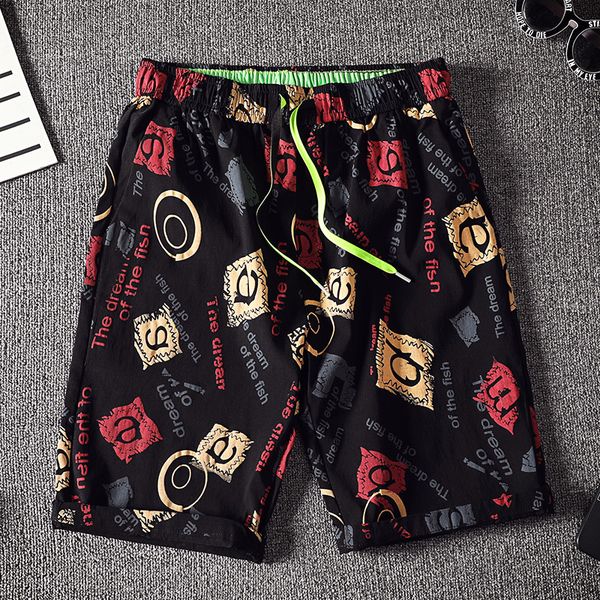 

a 597 summer five minutes of pants men loose handsome popular logo trend seven 6 beach pants male flower shorts trousers slacks, Blue