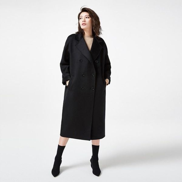 

women's wool & blends woolen autumn trench winter classic overcoat female quality loose double-faced cashmere moire, Black