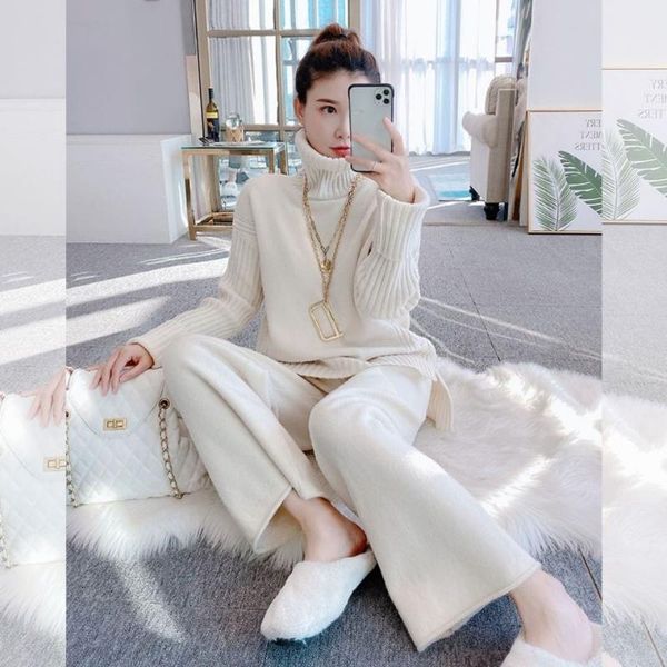 

women's two piece pants women 2021 autumn winter knitted long sleeve wide leg set casual loose 2pc female turtleneck pullover sets sui, White