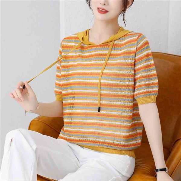 

women's summer new 2021 loose hooded ice silk knitted t-shirt casual sweater short sleeve fashion d8316, Black