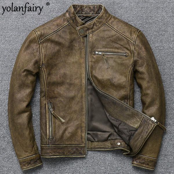 

men's leather & faux jacket men real cow coat for long sleeve short vintage moto&biker slim 2021 spring clothes 094, Black