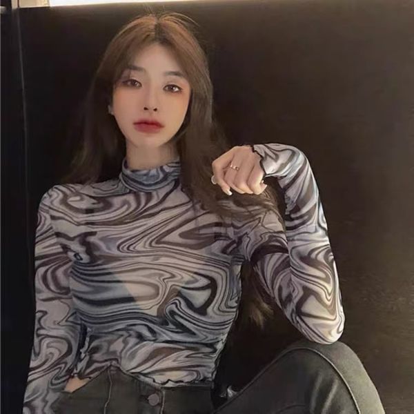 

women's tracksuits retro tie-dye see through turtleneck long sleeve cropped t-shirt slim fashion crop s8cw, Gray