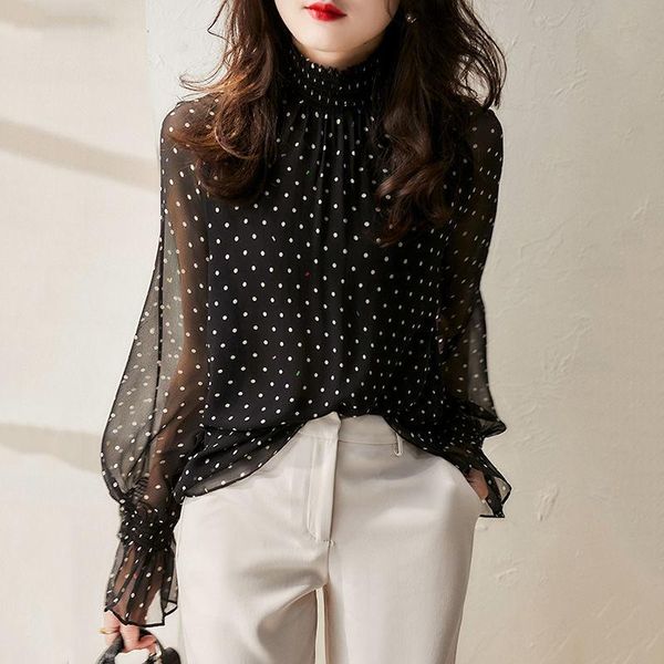 

women's polos summer 2021 ladies lace chiffon blouse polka dot long sleeve and xl, White