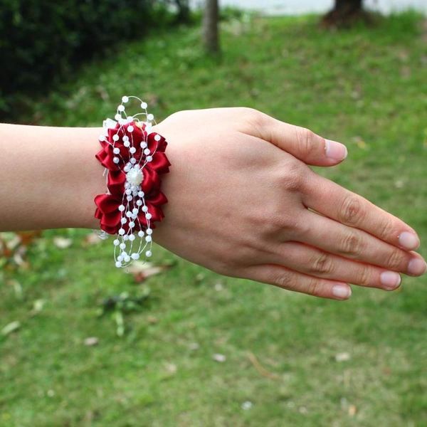 

wedding flowers wifelai-a wrist corsages bride ribbon beads bracelet winered bridesmaid silk corsag marriage sw0679