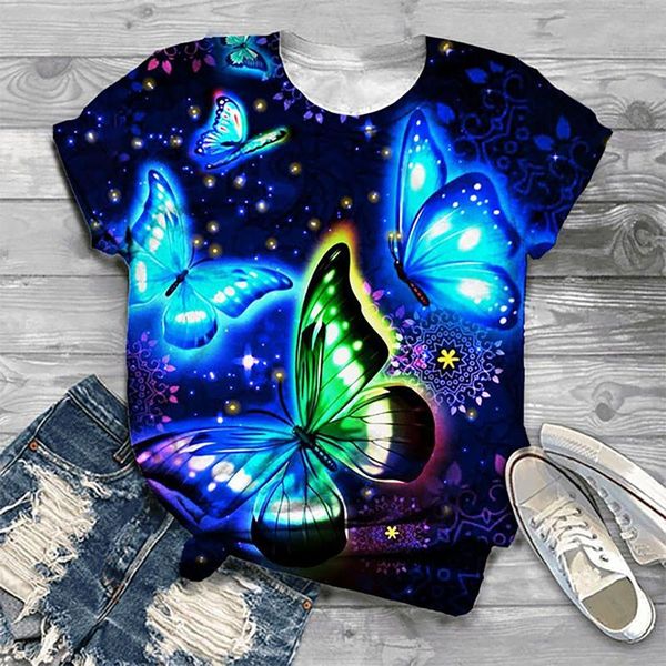 

luminescent butterfly t-shirts printed 2021 women leisure female pullover o-neck short sleeve oversized tees streetwear women's t-shir, White