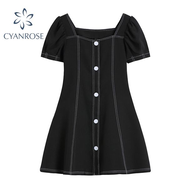 Abito corto da donna con disegno cucito Manica corta Nero Bianco Streetwear Moda sottile Mini abiti Colletto quadrato Clubwewar Frocks 210417