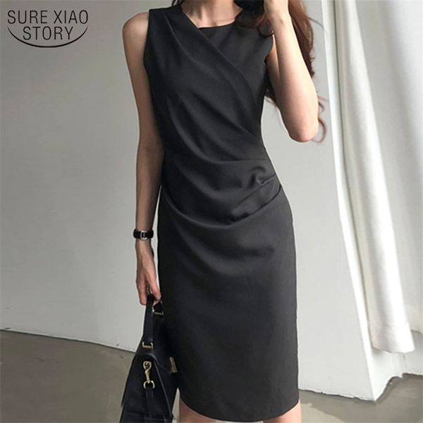 

solid color women summer dress cotton o-neck slim sleeveless temperament casual office lady buttock vestidos 13952 210427, Black;gray