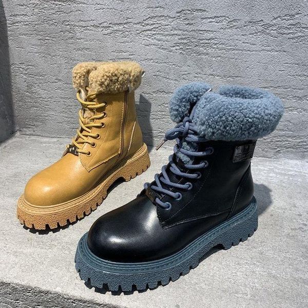 

boots 2021 women winter ankle lace-up classic women's short cool leather round toe chunky shoes botas de mujer, Black