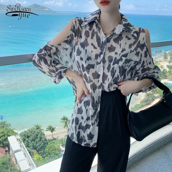 

korean fashion clothing shirts women leopard long sleeve off shoulder blusas mujer de moda 2021 streetwear clothes 10270 women's blous, White