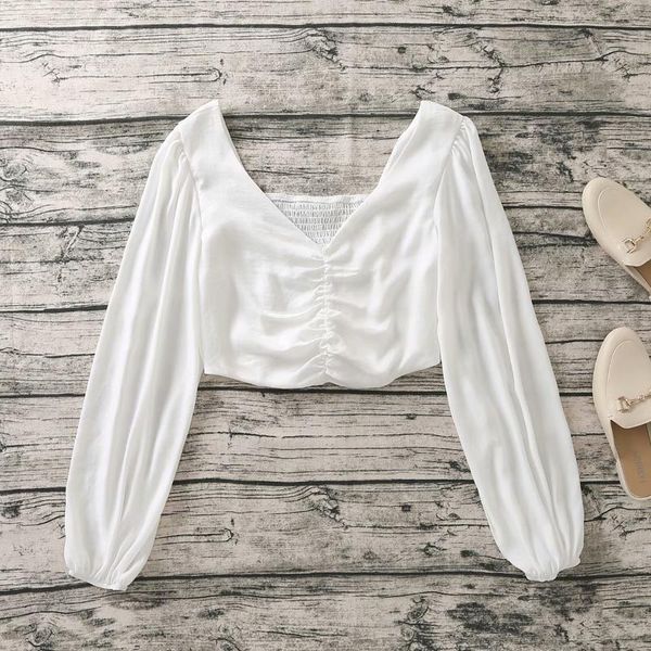 

women's t-shirt fashion long sleeve v-neck women white vintage high waist slim navel short pure color chic female