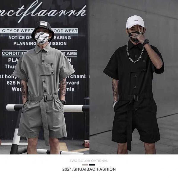 Sommer Mode Overalls Lose Casual Anzug Kleidung Trendige Marke Gürtel Shorts Gerade Hip Hop Gebratene Straße Herrenbekleidung X0909