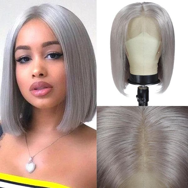 

grey lace front human hair wigs 13x4 brazilian remy straight colored sliver gray bob for women pre plucked 150%, Black;brown