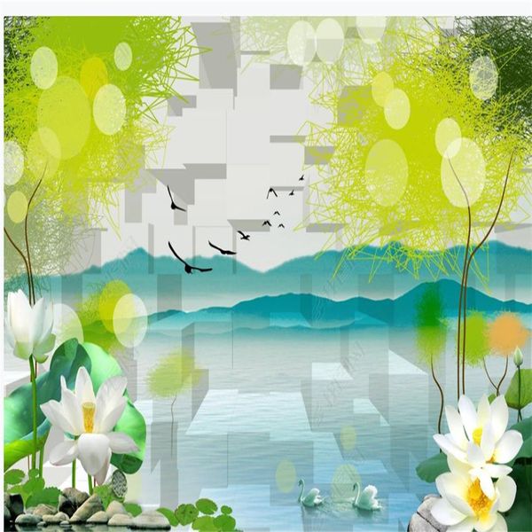 

3d customized wallpaper three-dimensional background wall of woods with painted trees and lotus wallpapers