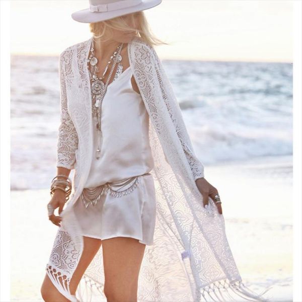 

fringe lace kimono cardigan white women shirts tassels beach cover up cape blusa feminina w4