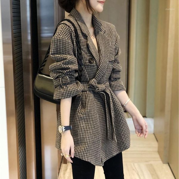 

women's wool & blends waist thickened houndstooth mid-length woolen coat ol turm collar belt female jacket plus size m-3xl, Black