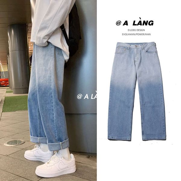 

jeans spring new gradient loose straight light coloured broek, Blue