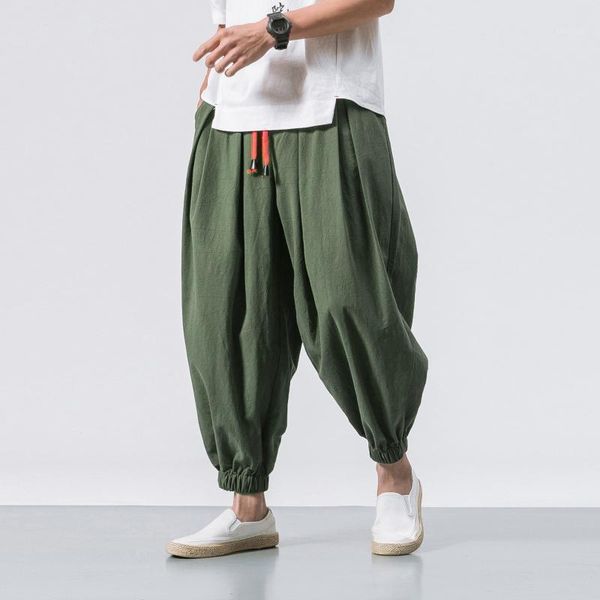 

long retro elastic pants men fashion casual loose solid color harem wide leg elasticated mens clothing men's, Black