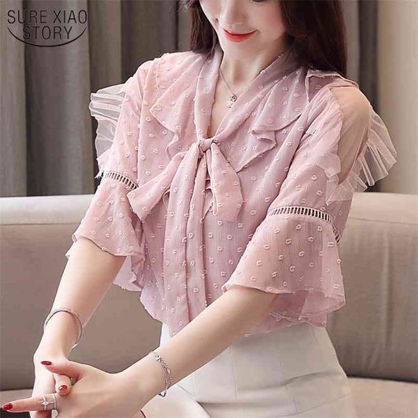 

woman blouse solid color off-shoulder fashion women blouses bow flare sleeve sweet women's clothing office lady shirts 10298 210508, White