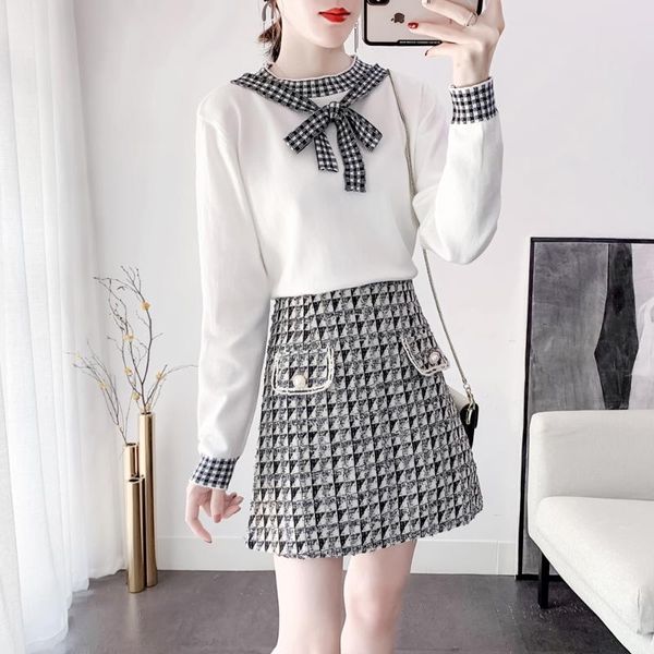

two piece dress winter autumn women sweaters skirt fashion suits bowknot sweater plaid skirts two-piece outfit sweet clothing set knitwear, White