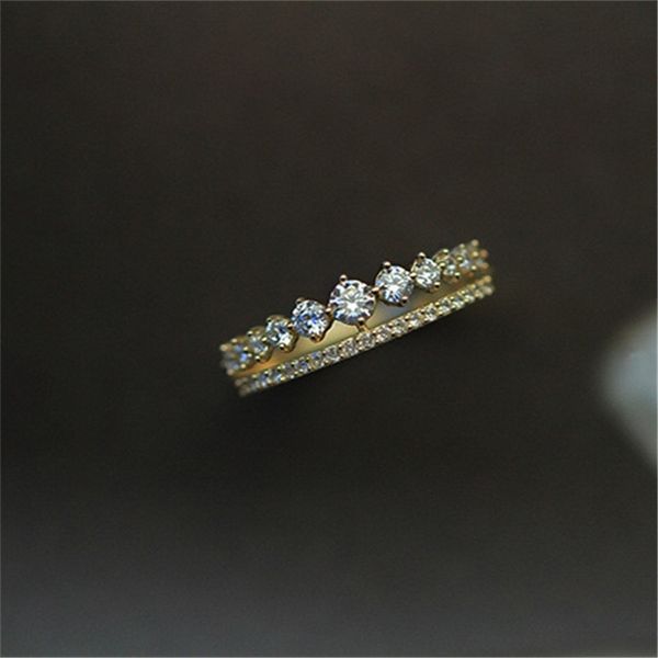 

925 sterling silver japanese simple double row pav crystal ring women light luxury vintage party 14k gold plating jewelry gift 211217, Slivery;golden