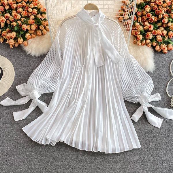

casual dresses 2021spring and autumn long sleeve bowknot lace-up loose babydoll dress stand collar mid-length pleated, Black;gray