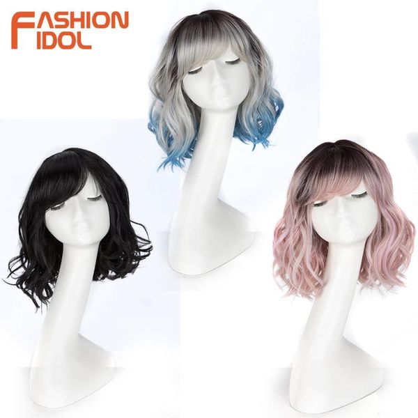 

synthetic wigs fashionidol 12inch short bob wig with bangs heat resistant cosplay ombre pink loose wavy hair for black women