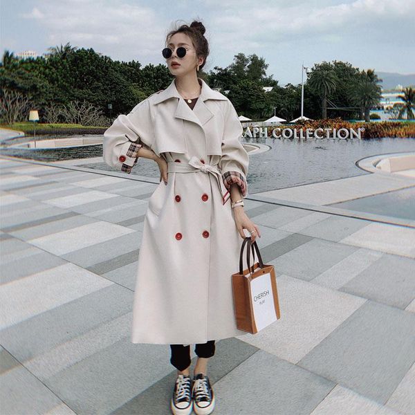 

women's trench coats spring fall elegant fashion double breasted belted long coat for women korean style loose casual windbreaker cloak, Tan;black