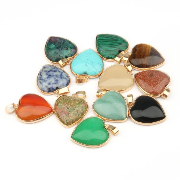 

natural stone 25x35mm heart turquoise tiger's eye rose quartz opal charms pendants diy pendulum necklace jewelry making, Bronze;silver