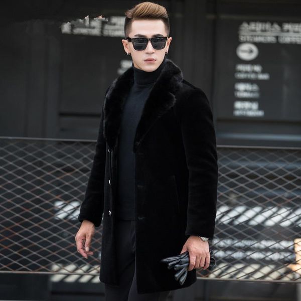 

men's leather & faux coat shearling real sheep winter jacket men collar wool coats windbreaker warm jackets manteau mg-00-8082 my29, Black