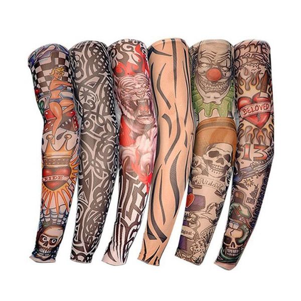 

5pcs 39cm*8cm cycling sport 3d tattoo armwarmers uv block cool arm sleeves cover sun protection skull bike bicycle warmer elbow & knee pads, Black;gray