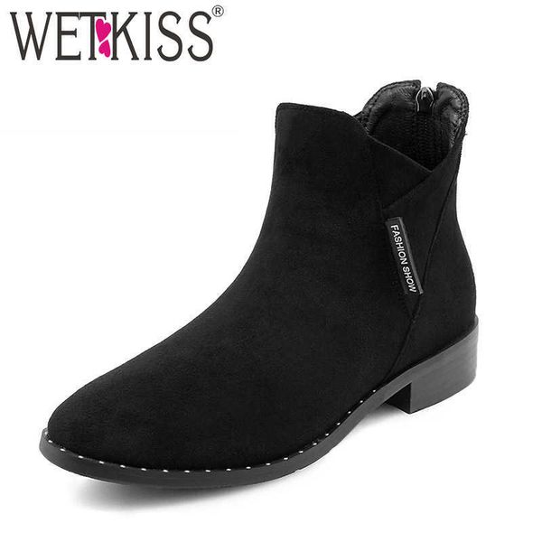

wetkiss thick low heels women ankle boots rivet square toe flock footwear fashion casual female boot pu shoes woman winter 210630, Black