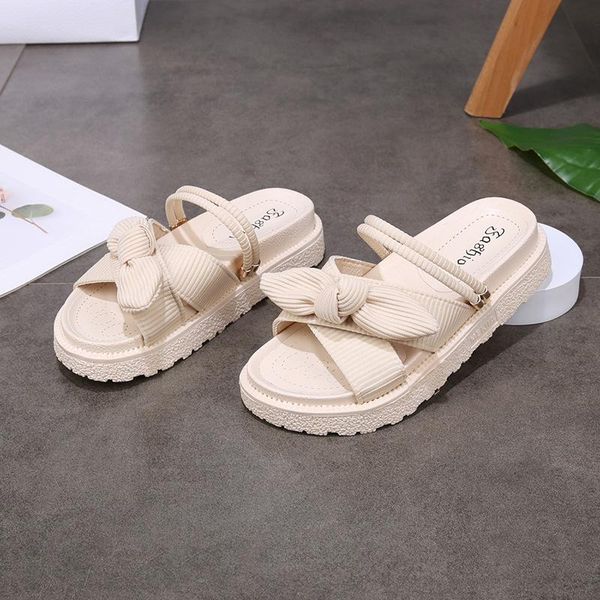 

sandals 2021 summer bowknot round toe beach shoes women breathable comfortable soft bottom fashion, Black