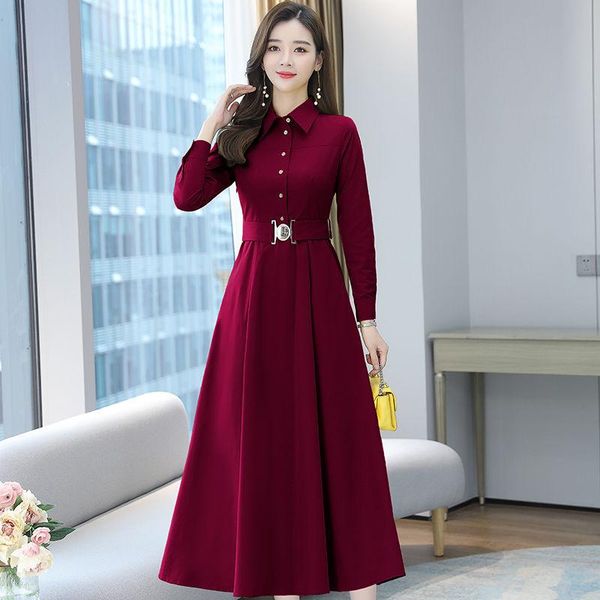 

women's spring autumn dress elegant sashes button solid color long sleeve turn-down collar korean ss3730 casual dresses, Black;gray