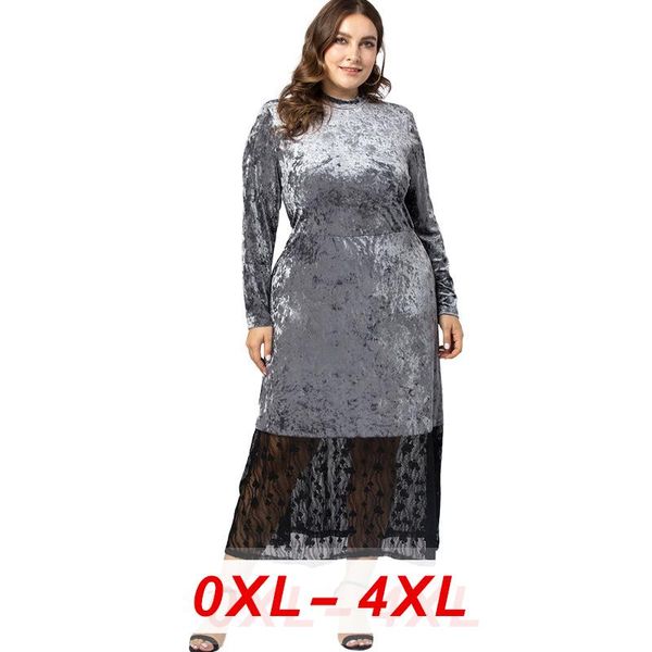 

velvet midi patchwork women dress plus size casual lace long sleeves o neck 2021 autumn party gray elegant robe female dresses, Black;gray