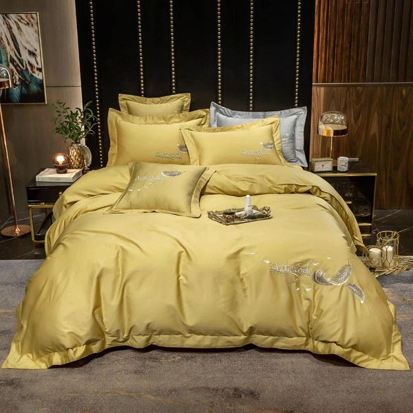 

bedding sets yellow white blue pink purple 100% egyptian cotton feather cover pillowcases bed embroidery set fitted duvet sheet linen