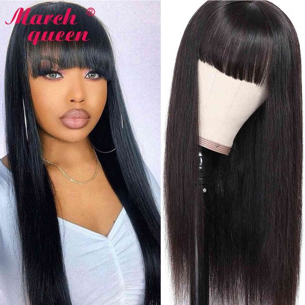 

march queen peruvian machine made straight human hair wigs with bangs short long wig for black women non-remy, Black;brown