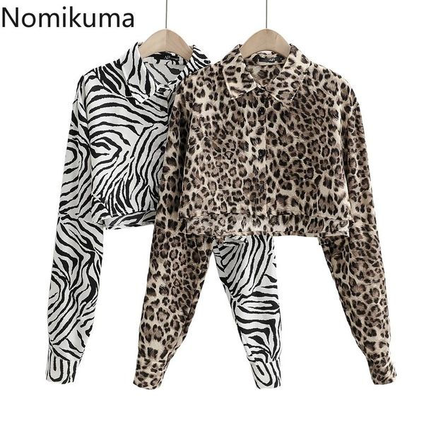 

nomikuma spring summer short women blouses korean leopard long sleeve turn-down collar shirt causal crop blusas 6e514 210427, White