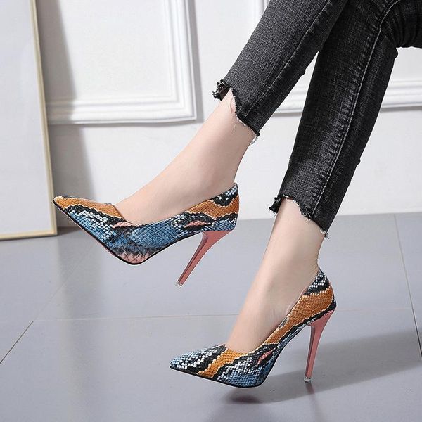 

dress shoes women pumps pu slip on 10cm thin heels high pointed toe serpentine shallow size 35-42, Black