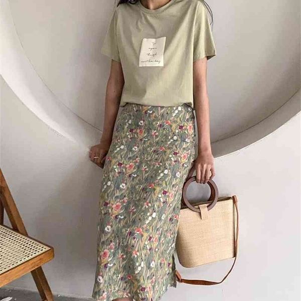 

ies sweet floral printing midi skirts high waist woman faldas saia female streetwear 210621, Black