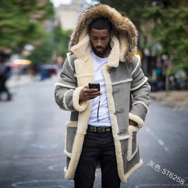 

men's wool & blends mens clothes pocket youth solid color splicing casual slim turn-down collar hooded winter coat men, Black