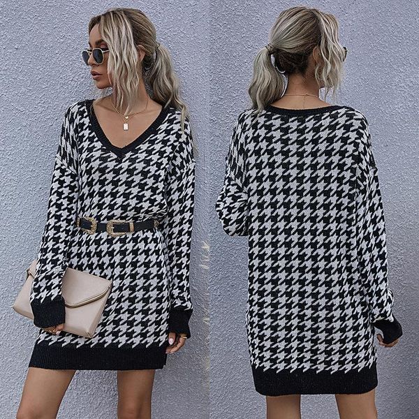 

casual dresses 2021 autumn/winter fashion versatile ladies europe and the united states retro plaid pullover head slimming waist changes co, Black;gray