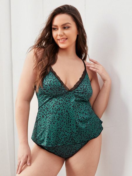 

plus leopard lace trim cami with shorts b1h1#, Black;white