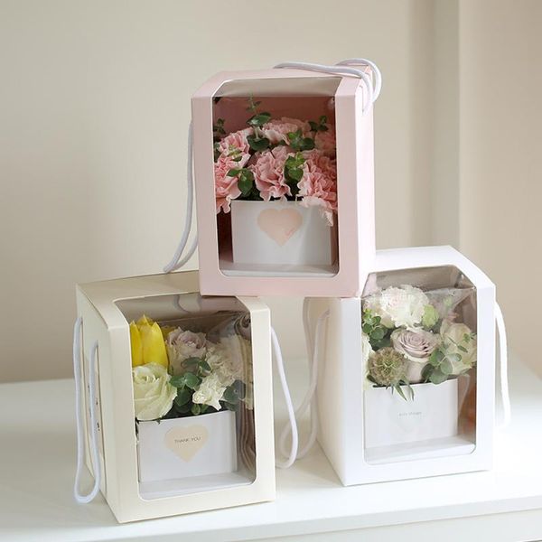 

5pcs flower gift paper boxes clear window transparant square shape handheld packing vase wrap