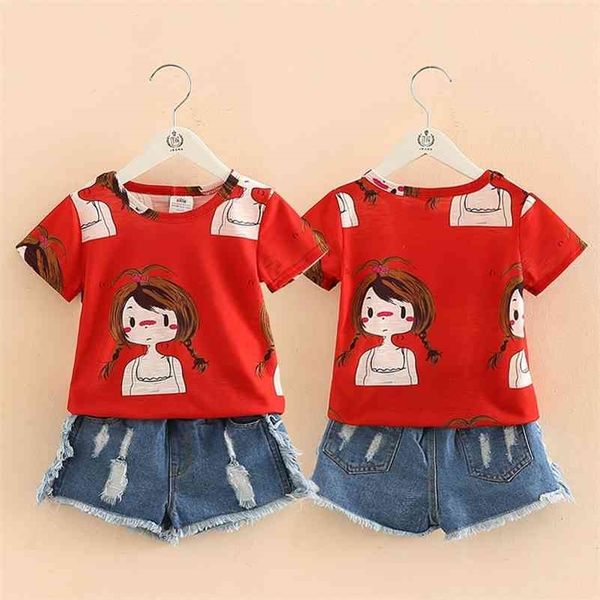 Kızlar Giyim Seti O-Boyun Kolsuz Yaz 2-10 Yaşında Çocuk Kız Kırmızı Karikatür T Gömlek + Denim Kot Şort 2 adet Takım Elbise Set 210701