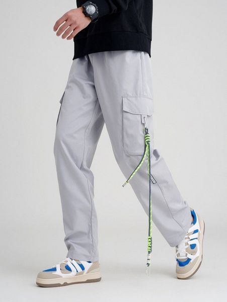 

men letter patch rope detail flap pocket side cargo pants d8dt#, Black