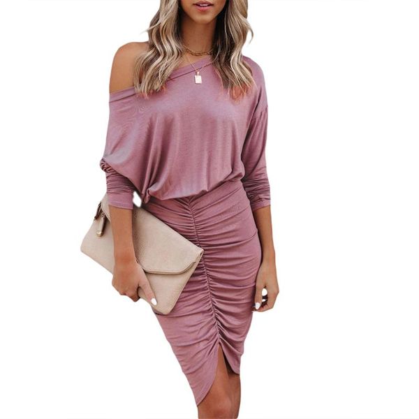 

casual dresses women ruched irregular dress, adults slim fit solid color long sleeve round neck, Black;gray